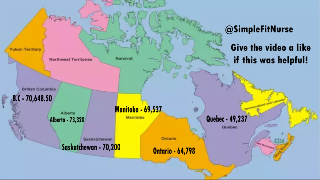 Yukon Territory Northwest Territories British Columbia .c • 70,648.50 Alberta • 73,320 Manitoba • 69,531 Manitoba @SimpIeFitNurse Give the video a like if this was helpful! Quebec • 49,23 Saskatchewan 70,200 Ontario 64,798 